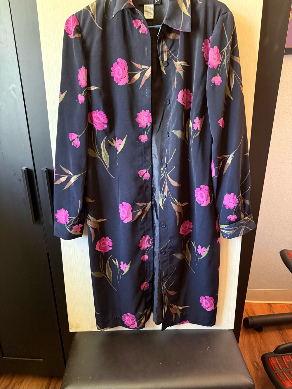 Women's Black Floral Longline Coat with Pink Bloom Print